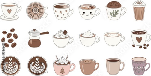 Cute coffee cups and drinks collection with latte art and desserts. Cozy cafe style illustration set. Perfect for menu design, branding and coffee shop visuals.