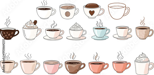 Coffee cups collection with hot drinks and latte variations. Cute modern cafe illustration set. Perfect for menu design, branding and coffee shop visuals.