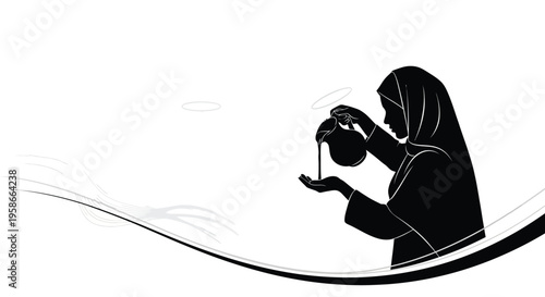 Nun pouring water from a jug shown in a striking black silhouette