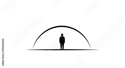 A solitary figure stands beneath an arching shape starkly presented as a silhouette