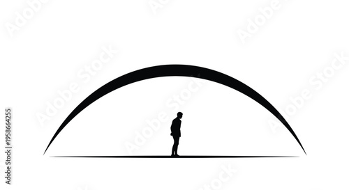 A lone figure stands beneath a large sweeping archway silhouette