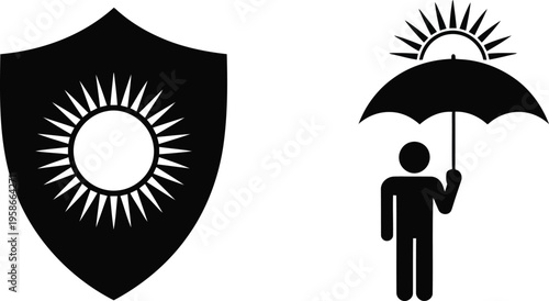 Distinct black shield and person with umbrella icons illustrate effective sun protection and safety