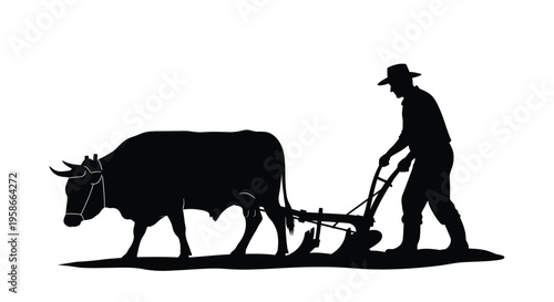 Farmer plowing a field with an ox depicted in a striking silhouette