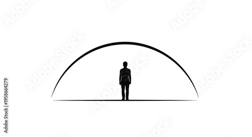 A lone figure stands beneath a large sweeping archway silhouette