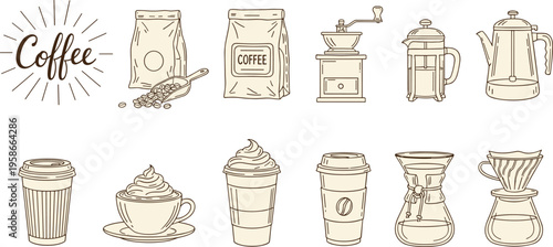 Hand drawn coffee equipment and drinks set. Vintage outline cafe elements collection. Perfect for menu design, branding and coffee shop illustrations.