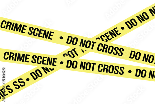 Yellow Crime Scene Do Not Cross Barrier Tape on White Background.
