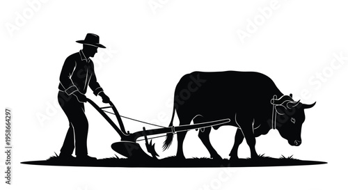 Farmer plowing a field with an ox depicted in stark silhouette