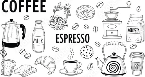 Coffee doodle elements set with espresso, milk and bakery items. Hand drawn sketch style cafe collection. Perfect for menu design, branding and packaging.