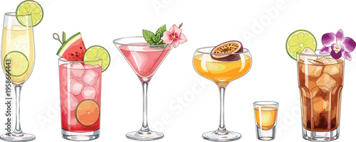 Colorful cocktail drinks collection with fruit garnishes. Summer refreshing beverages illustration set. Perfect for bar menu design, branding and party visuals.