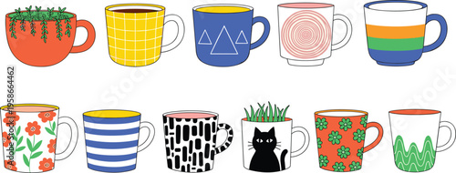 Colorful modern coffee mugs collection with abstract patterns. Creative flat style illustration set. Perfect for branding, packaging and kitchen decor visuals.
