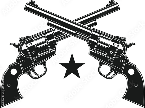 Crossed revolvers with star emblem, western gunslinger symbol, wild west outlaw icon, vintage monochrome illustration, retro badge design isolated