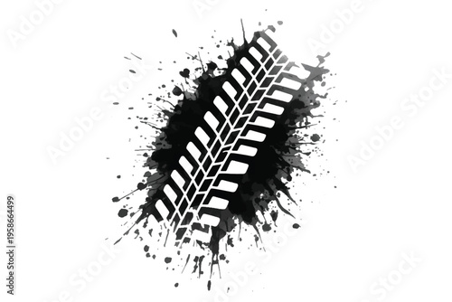 Tire track with ink splash, grunge tire mark vector, automotive wheel print silhouette, racing background element, dirty rubber track design, black ink splatter with tire tread.