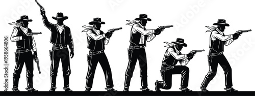 Western cowboy action silhouettes, gunslinger poses collection, wild west outlaw shooting stances, vintage black illustration, retro bandit characters isolated set
