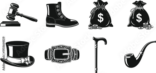 Vintage western accessories set, cowboy gear collection, money bags, judge gavel, boots, pipe, cane, hat, belt buckle illustration isolated