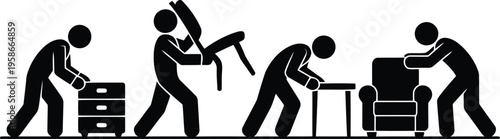 Four black figures transporting common household items like drawers, a chair, table, and an armchair