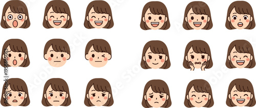 Cute Girl Facial Expression Set Featuring Cartoon Female Emotions like Happy, Sad, Surprised, Angry, and Smiling for 