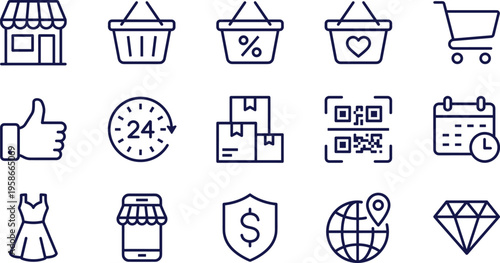 E-commerce Shopping and Global Logistics Line Icon Set Featuring Mobile Store, QR Codes, Delivery Boxes, 24 Hour Service, and Secure Payments
