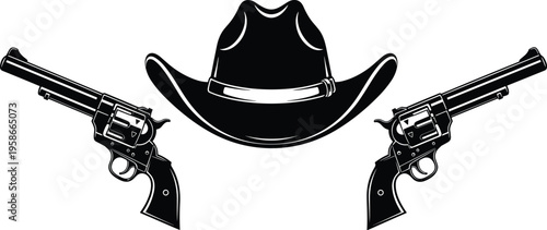 Cowboy hat with crossed revolvers, western gunslinger symbol, wild west outlaw icon, vintage monochrome illustration, retro badge emblem design isolated