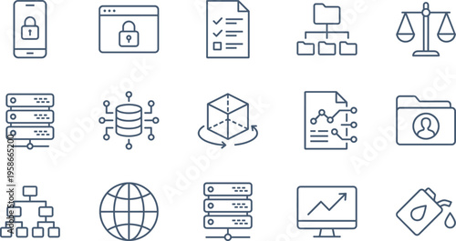 Data Management and Digital Security Line Icon Set Featuring Server Racks, Locked Devices, Global Networks, Analytics Charts, and Information Hierarchy