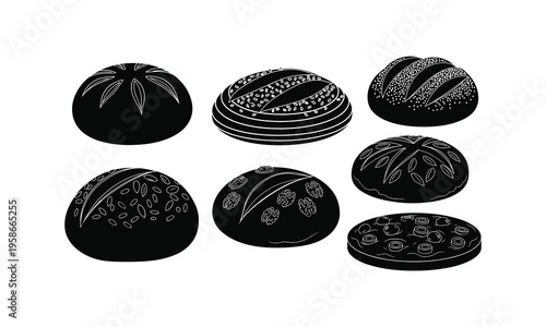 Varieties of traditional bread designs with unique toppings and patterns