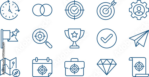 Business Strategy and Goal Achievement Line Icon Set Featuring Targets, Trophies, Maps, Time Management, Mission Planning, and Professional Success Performance Symbols
