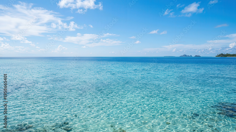 Fototapeta premium Serene Ocean View with Clear Blue Water and Bright Sky for Travel and Nature Themes
