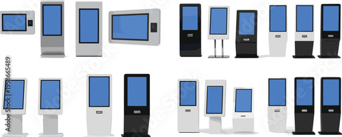 Set of Digital Kiosk and Screen Displays Illustrations Interactive Touchscreen Terminals Advertising Panels 
