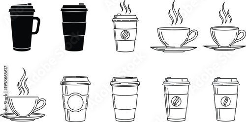 Coffee cup icons set with takeaway and ceramic mugs. Line and solid style collection. Perfect for cafe branding, menu design and beverage illustrations.