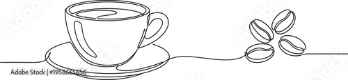 Minimal one line coffee cup illustration with beans. Continuous line art style design. Perfect for cafe branding, logo, packaging and modern decor.