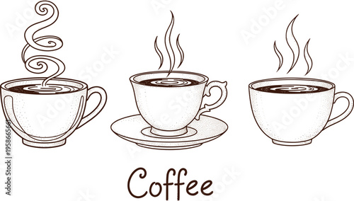 Hand drawn coffee cups with steam illustration set. Vintage sketch style hot beverage collection. Perfect for cafe branding, menu design and coffee shop visuals.