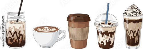 Coffee drinks collection with iced and hot beverages. Modern cafe style cups and takeaway drinks. Perfect for menu design, branding and coffee shop visuals.