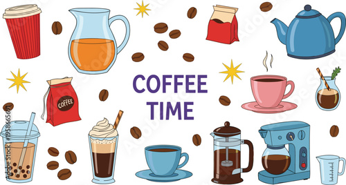 Coffee time vector set with cups, beans and brewing tools. Cute hand drawn collection of cafe elements. Perfect for menu, branding and coffee shop designs.