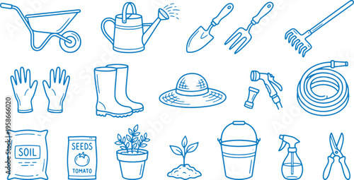 Gardening tools and supplies including wheelbarrow gloves boots hat hose and seeds for planting and maintaining a garden with flowers and trees in a yard or park outdoor setting