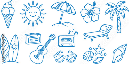 Summer vacation icons including beach and holiday symbols like palm trees sun ice cream and guitar on white background