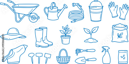 Gardening tools and accessories for planting and nurturing including wheelbarrow gloves and seeds