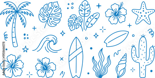 Summer vacation icons set with tropical symbols and surfing elements in blue lines on white background