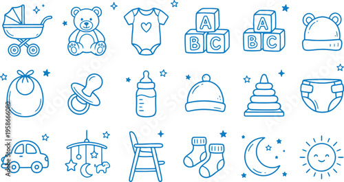 Baby nursery icons set including stroller teddy bear onesie blocks and baby care items on white background