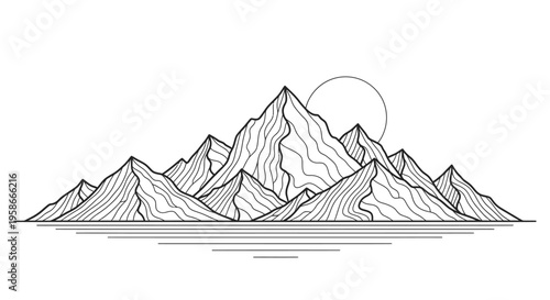 Monochrome mountain range illustration with sun and water lines on white background
