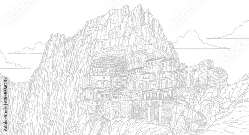 Mountain village illustration architectural fantasy on rocky terrain