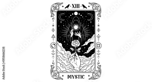 Mystic card illustration with a hand holding a rose and dark sky background