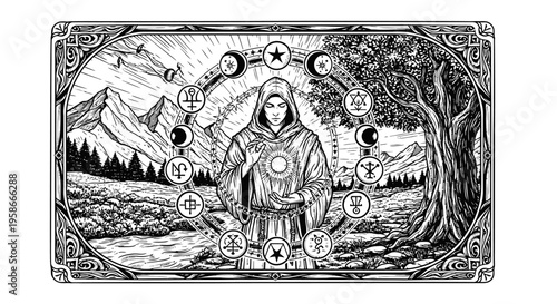 Mystical figure in celestial circle with landscape and symbolic elements
