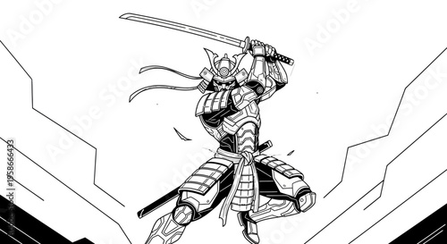 Samurai warrior illustration with sword in action against a white background