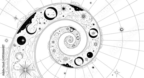 Spiral galaxy illustration with celestial bodies and gridlines