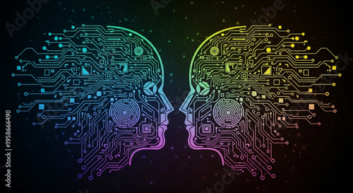 Two robotic heads facing each other with circuit board patterns on a dark background with neon colors