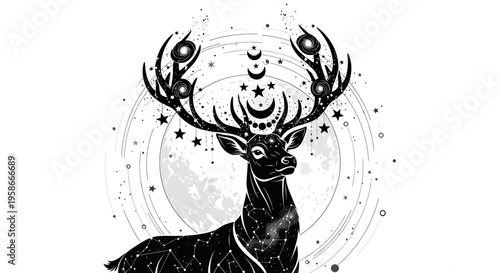 Stunning celestial deer illustration with moon and stars in black and white