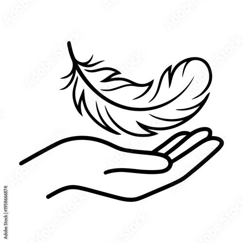Black outline of a single feather floating over an open palm of a hand, isolated on a white background. Vector illustration.