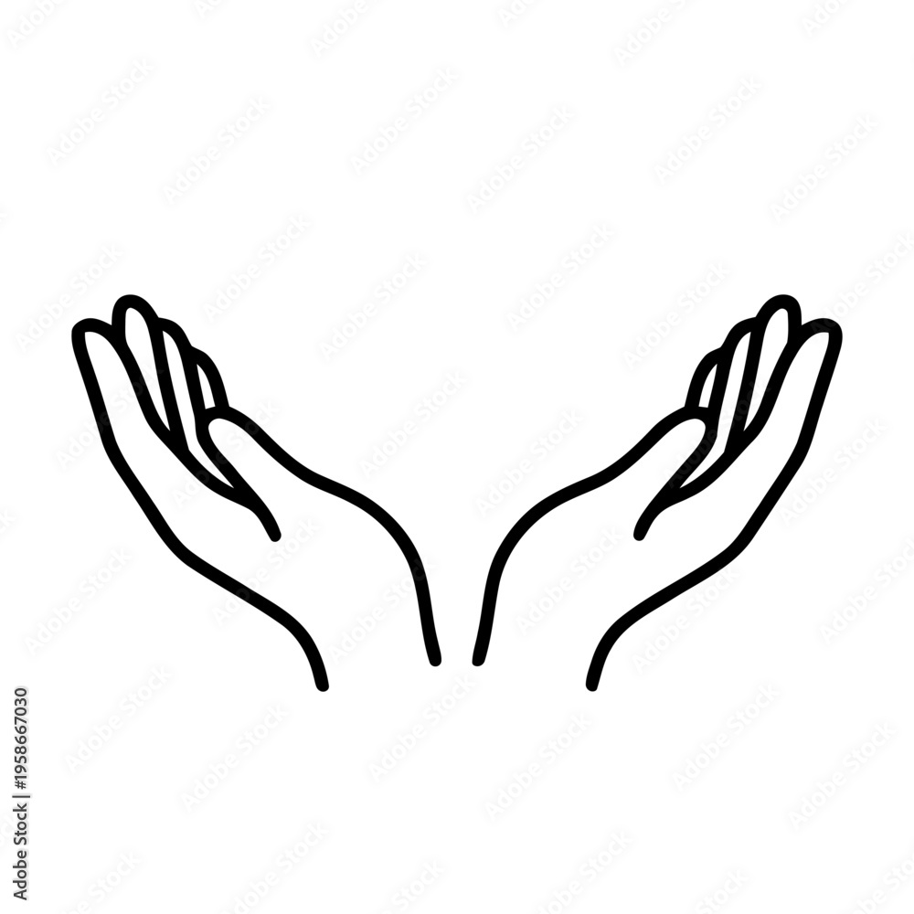 Obraz premium Minimalist illustration of two open palms facing upwards, symbolizing support, care, faith or giving. Vector illustration.