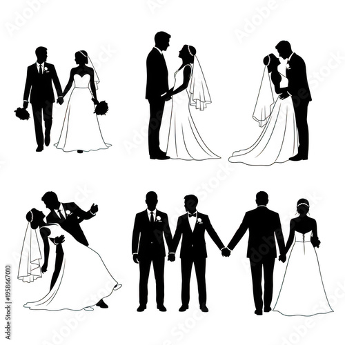 Elegant wedding couple silhouettes isolated on transparent background