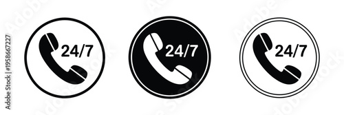 24/7 call center support, icon set symbolizing round-the-clock customer service, phone support, and technical assistance, minimalist vector design suitable for digital interfaces, service portals