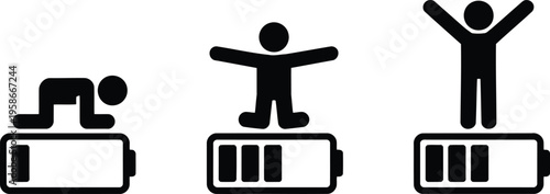 Human energy states from exhaustion to full charge shown with battery level icons and stick figures